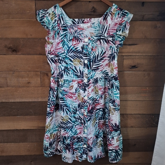 BEACHLUNCHLOUNGE Flutter Sleeven Linen Blend Button Front Floral Dress SZ L - Picture 3 of 8